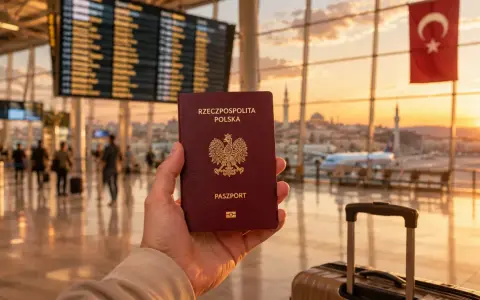Pasport w dłoni, walizka obok, a za oknem lotniska wschód słońca i turecka flaga. Czas na wyjazd do Turcji!