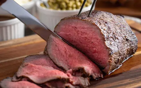 Un délicieux roti de boeuf, coupé en fines tranches rosées, est prêt à être servi avec des accompagnements.