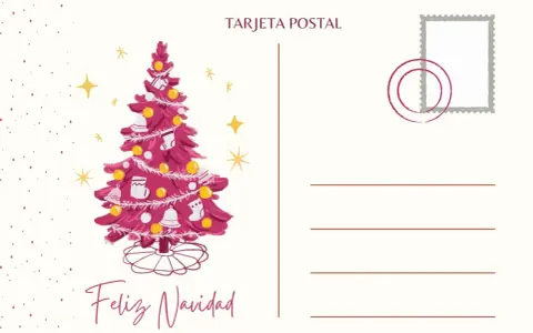 Tarjeta postal navideña para imprimir con un árbol rosa decorado y estrellas. Ideal para enviar tus mejores deseos.