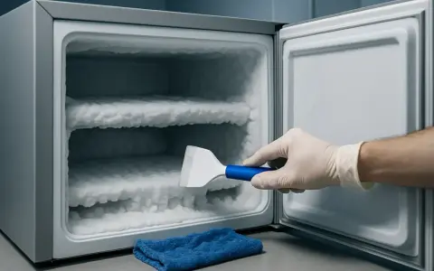 Ręka w rękawiczce usuwa lód z zamrażarki no frost. Gruba warstwa szronu pokrywa półki, wskazując na potrzebę rozmrożenia.