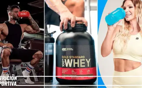 Hombres y mujeres consumiendo proteína antes o después de entrenar. Un hombre bebe de un shaker, otro sostiene un bote de proteína, y una mujer bebe de un shaker azul.