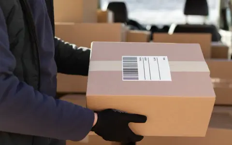 Kurier w czarnej rękawiczce trzyma paczkę z etykietą DPD. To pokazuje, ile jest ważna etykieta DPD dla sprawnej dostawy.