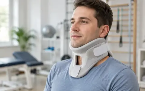 Mężczyzna w kołnierzu ortopedycznym, wspierającym jego kręgosłup szyjny. W tle gabinet rehabilitacyjny.