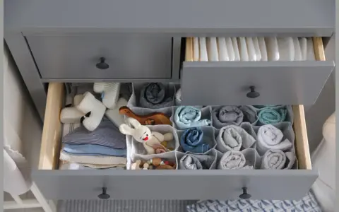Ordentliche Schubladen einer Wickelkommode beschriften: Windeln oben, Babykleidung und Spielzeug unten, alles übersichtlich sortiert.