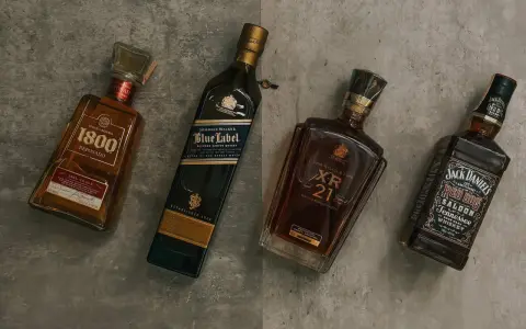 Cztery butelki alkoholi: 1800 Reposado, Johnnie Walker Blue Label, Johnnie Walker XR 21 i Jack Daniel's Red Dog Saloon. Czy to whisky czy whiskey?