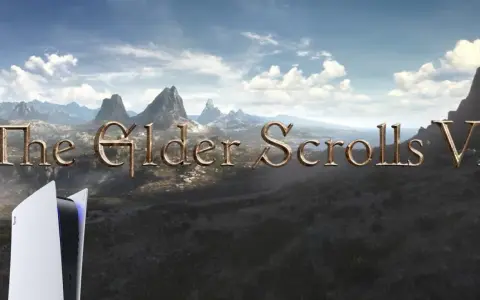 Krajobraz z gry The Elder Scrolls VI, z konsolą PS5 na pierwszym planie.