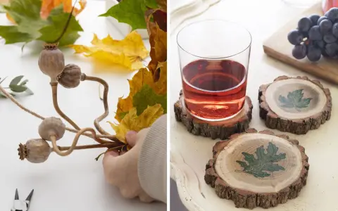 Création d'une décoration d'automne avec des coquelicots séchés et une feuille morte. À côté, des sous-verres en rondins de bois ornés de feuilles.