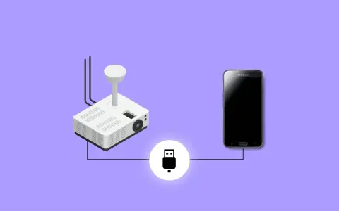 Ilustracja pokazuje, jak połączyć telefon z projektorem za pomocą kabla USB. Prosty schemat połączenia.