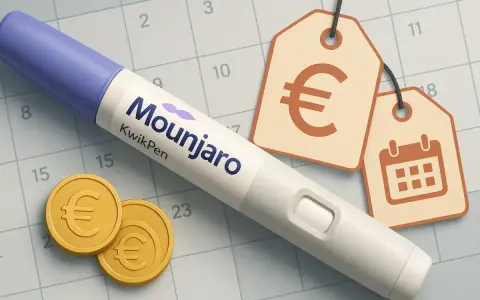 Mounjaro KwikPen na tle kalendarza z monetami euro i metkami cenowymi. Sprawdź, jaka jest mounjaro 7 5 mg cena.