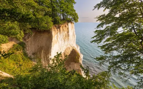Weiße Kreidefelsen ragen steil aus dem ruhigen Meer der Ostsee. Grüne Bäume säumen die Klippen und bieten einen friedlichen Ausblick.