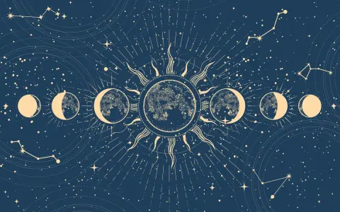 Cykl faz księżyca i słońce na tle nocnego nieba z gwiazdami i konstelacjami. Symbolizuje nowy rok astrologiczny i kosmiczne przemiany.