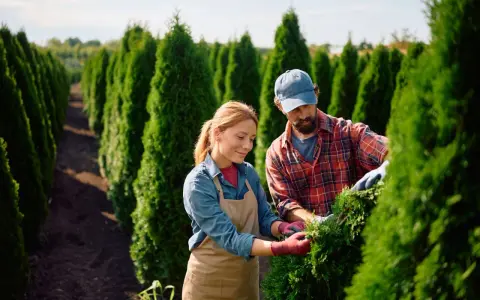 Para tuje potrzebna jest żyzna ziemia. Para ogrodników pracuje wśród rzędów iglaków, dbając o ich pielęgnację.