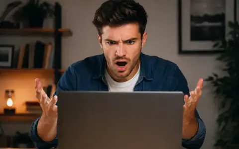 Zaskoczony mężczyzna patrzy na ekran laptopa, zastanawiając się, ile się czeka na druk A1 ZUS.