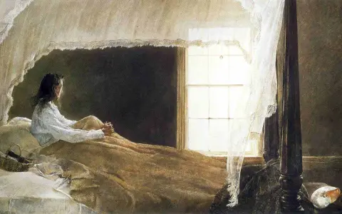 Dziewczyna w łóżku, wpatrzona w okno. Obraz Andrew Wyetha, pełen melancholii i światła.