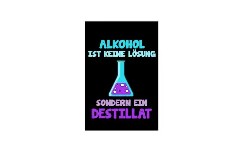 Ein Erlenmeyerkolben mit lila Blasen, der den Prozess des Alkohol destillieren symbolisiert. Der Text lautet: "Alkohol ist keine Lösung, sondern ein Destillat.