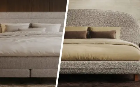 Vergleich: Unterschied Boxspringbett und Polsterbett. Links ein Boxspringbett mit Sockel, rechts ein Polsterbett mit Füßen.