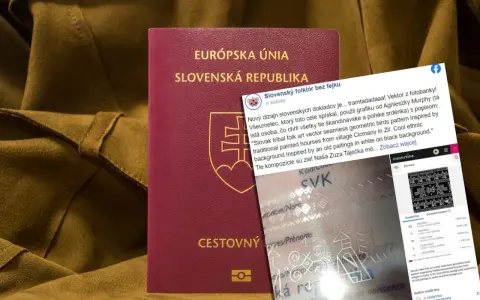 Czerwony paszport Słowacji leży na brązowym tle, obok niego znajduje się fragment ekranu z informacją o wzorze paszportu.