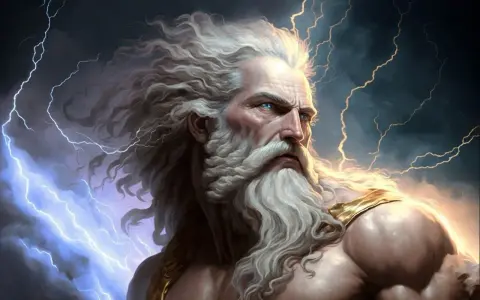 Potężny Zeus z burzą w oczach i piorunami w rozwianych włosach, władca Olimpu.