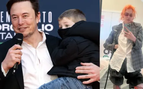 Elon Musk z synem i Grimes w stylizacji z pomarańczowymi włosami.