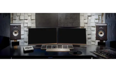 Dwa głośniki Focal Shape Twin tworzą idealny duet w profesjonalnym studiu nagraniowym, otoczone sprzętem audio i monitorami.
