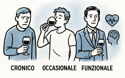 Tre uomini con bicchieri di vino: uno triste (cronico), uno che beve (occasionale), uno in giacca e cravatta con simboli di salute (funzionale). Le scuse di un alcolista.