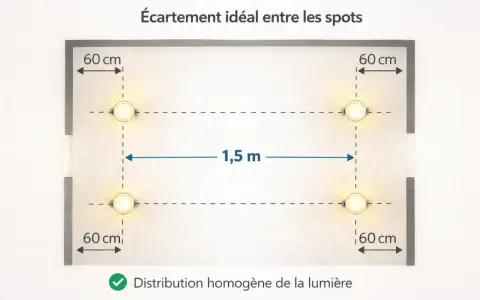 Schéma montrant l'espacement idéal des spots encastrables : 60 cm des murs et 1,5 m entre eux pour une lumière homogène.
