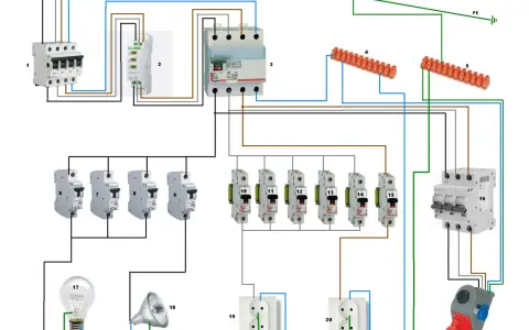 Schemat instalacji elektrycznej trójfazowej z wyłącznikami, gniazdkami i oświetleniem.