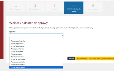Formularz wniosku o dostęp do sprawy, wybór apelacji. Jak sprawdzić sygnaturę akt? Wybierz apelację z listy.
