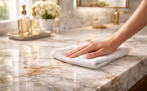 Hand wischt mit Tuch über Marmorplatte, um Flecken auf Marmor zu entfernen. Glänzende Oberfläche, luxuriöses Badezimmer.