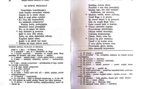 Strona z tekstem poezji, z nagłówkiem "DE MORTE. PROLOGUS" i fragmentem rozmowy.