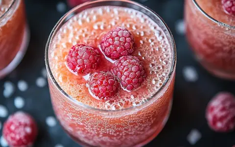 Une coupe de soupe de champagne originale, garnie de framboises givrées et pétillante.