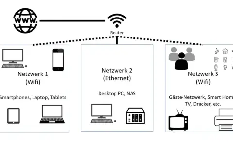 Schema eines **iot netzwerk** mit drei Bereichen: WLAN für Geräte, Ethernet für PC/NAS und WLAN für Gäste/Smart Home.