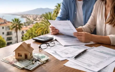 Pareja revisa papeles y calcula los gastos de compra de vivienda segunda mano. Casa de madera, llaves y dinero sobre la mesa.