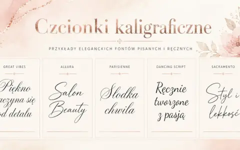 Przykłady eleganckich czcionek drukarskich: "Piękno zaczyna się od detalu", "Salon Beauty", "Słodka chwila", "Ręcznie tworzone z pasją", "Styl i lekkość".