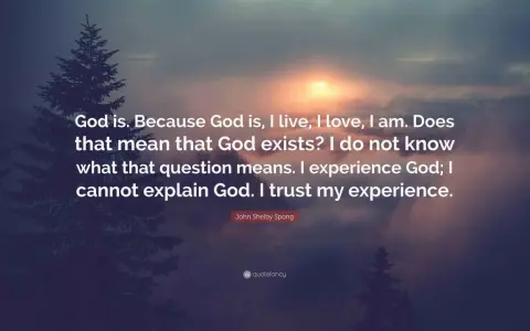 Silhouette of a pine tree against a sunset sky with the quote: "God is. Because God is, I live, I love, I am. Does that mean that God exists? I do not know what that question means. I experience God; I cannot explain God. I trust my experience." - John...