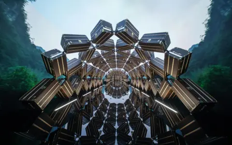 Un tunnel caleidoscopico di bauli Louis Vuitton, un omaggio al fondatore, con uno sfondo di montagne verdi e cielo azzurro.