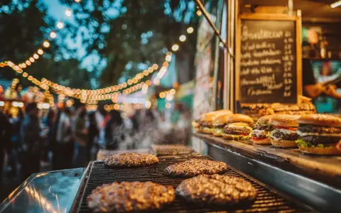 Hamburguesas humeantes en parrilla, listas para servir en un food truck. Un ejemplo de cómo montar un food truck exitoso con ambiente festivo.