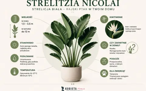 Kwiat strelicja biała, zwana rajskim ptakiem, z dużymi liśćmi i informacjami o pielęgnacji.
