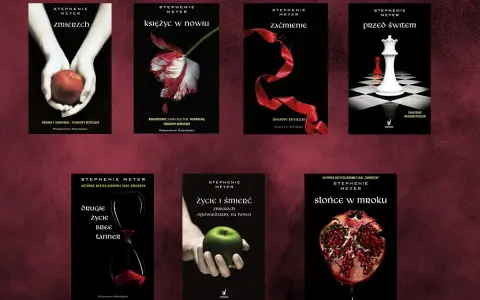 Okładki książek sagi Zmierzch: Zmierzch, Księżyc w nowiu, Zaćmienie, Przed świtem, Drugie życie Bree Tanner, Życie i śmierć, Słońce w mroku.
