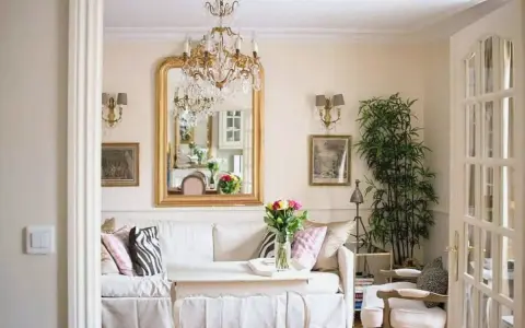 Un salotto con un divano bianco, un grande specchio dorato e un lampadario di cristallo, che evoca un elegante arredamento parigino.