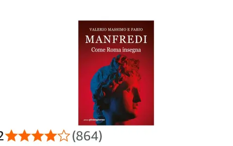 Copertina del libro "Come Roma insegna" di Valerio Massimo Manfredi, con un busto classico illuminato da luci rosse e blu.