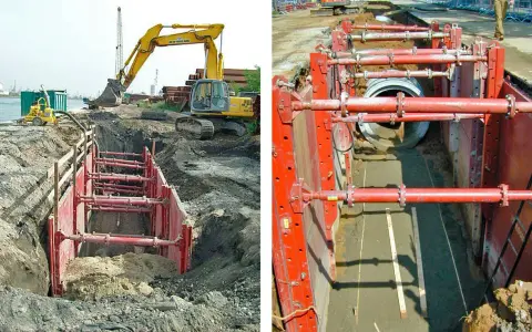 Excavación con entibación ligera para instalar tuberías. Maquinaria pesada y sistema de soporte rojo aseguran el área.