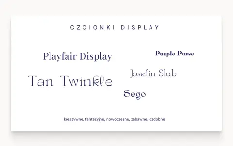 Różne czcionki: Playfair Display, Tan Twinkle, Purple Purse, Josefin Slab, Sego. Kreatywne, fantazyjne, nowoczesne, zabawne, ozdobne.