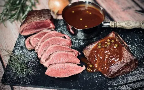 Saftiges Roastbeef mit einer cremigen Pfeffersauce, perfekt für ein festliches pfeffersauce rezept. Dazu frische Kräuter und eine Prise Salz.