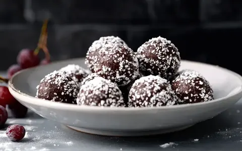 En skål med chokladbollar, perfekta för ett enkelt chokladbollar recept. Körsbär och florsocker ger en festlig touch.
