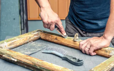 Uomo usa raschietto per rimuovere vecchia vernice da telaio in legno, mostrando come sverniciare il legno con attrezzi.