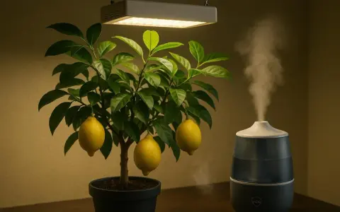 Un citronnier en pot, éclairé par une lampe de croissance, avec des citrons mûrs. Un humidificateur diffuse de la vapeur, créant une ambiance propice pour savoir comment polliniser un citronnier.