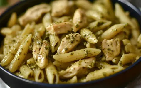 Penne z kurczakiem w sosie pesto, danie pełne smaku i aromatu.