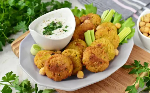 Pyszny falafel przepis na talerzu, podany z sosem jogurtowym, selerem i natką pietruszki. Idealna przekąska!