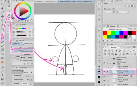 El pincel "Mechanical pencil" se usa para dibujar el arco de personaje, con flechas rosas indicando su selección.